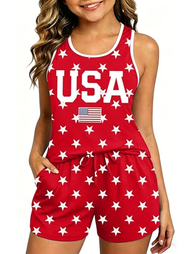 VVNTY Kids 4th of July USA 2 Piece Outfits: Girls 250 Anniversary USA Shirts and Shorts Set Patriotic Tank Tops 5-12 Years Red