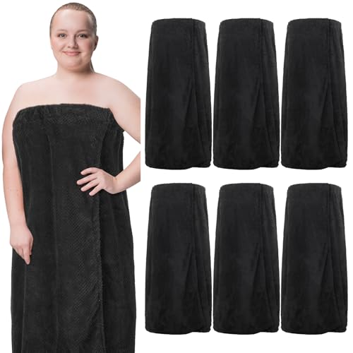 Tigeen 6 Pcs Bath Wraps for Women Waffle Spa Robe Adjustable Closure Elastic Top Lightweight Towel Dress (Black,XXL-4XL)