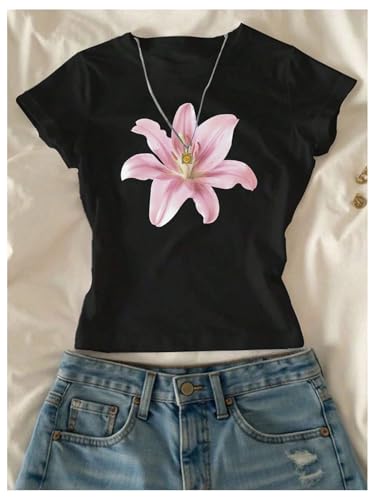 Girl's Short Sleeve Graphic Tees Crew Neck Floral T Shirts Summer Tight Crop Tops3