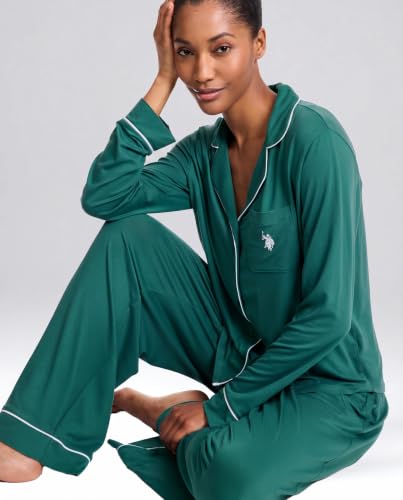 Image of U.S. POLO ASSN. Womens Lightweight Notch Collar Pajama Set | Classic Button Down Pajamas for Women with Long Sleeve Top and Pajama Pants
