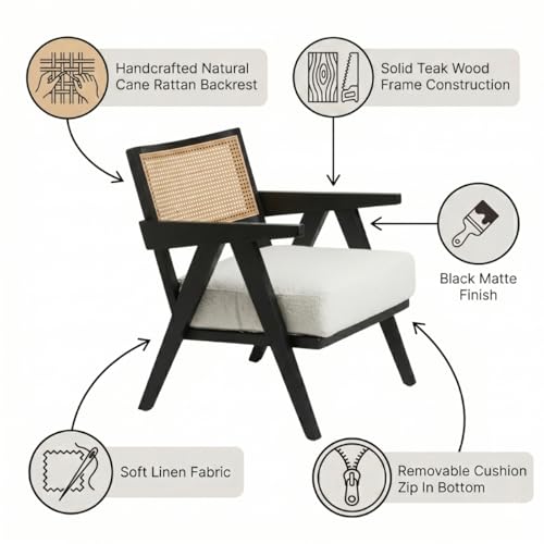 Image of Kingsman Furnitures ABEL Rattan Teak Wood Accent Arm Chair for Home Bedroom, Living, Dining, Drawing Room | Ultra Soft and Comfortable for Stress Free | Removable Cushion (Natural Cane- Boucle)