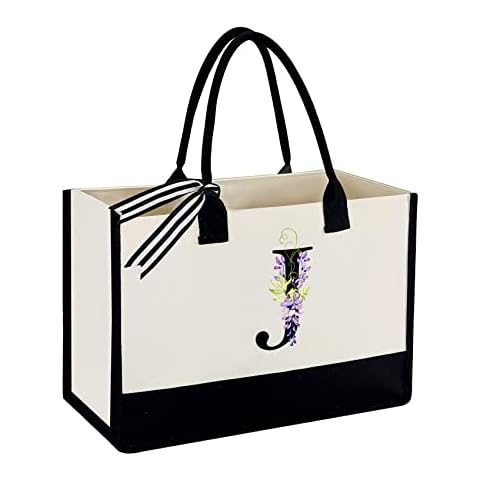 Personalized Floral Initial Tote Bags for Mother Women Personalized Tote Bags for Beach Canvas Bag for Wedding Bride Bridesmaid Gifts Birthday Gifts Teacher Gifts Bag with Pocket Canvas Cover