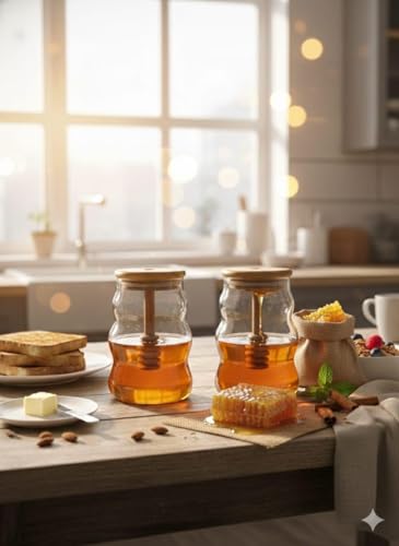 Image of SUANI Air Tight Honey Glass Jar with Wooden Dipper and Bamboo Lid | Transparent Borosilicate Honey Jar | Odor Free Honey Jar, (500ml) (Pack Of 2)