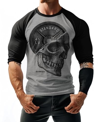 Gymish Lifestyle Skull Plate Raglan Workout T-Shirts for Men 3/4 Sleeve Body Building Shirt