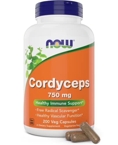NOW Foods Cordyceps 750mg, 200 Veg Capsules — Organic Mycelium, Vegan, Non-GMO