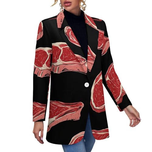 Meat Red Steaks Casual Blazers for Women Long Sleeve Button Suit Jacket Lightweight Business Coat
