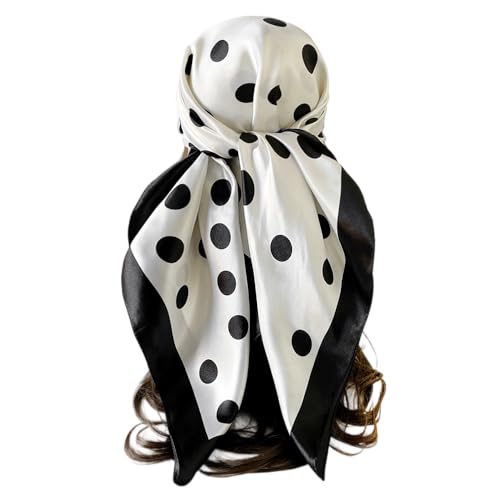 LEBOOBELL 90cm Pañuelo para la Cabeza para Mujer Bufandas de Seda Cuadrada Suave Bandana Pañuelo para el Cuello,Punto de Onda Blanca