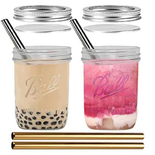Trinkgläser, Bubble Tee-Tassen, 2 Stück, 473 ml, breite Öffnung, Smoothie-Becher, wiederverwendbar, Einmachglas, Reise-Glas-Trinkflasche für Saft, Boba, Smoothie, Tee, Kombucha Cover