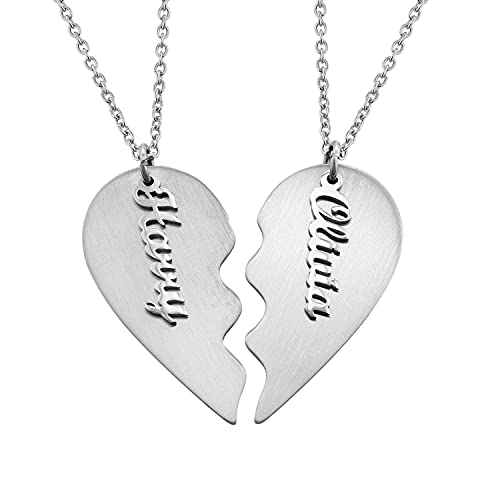 MyNameNecklace Personalized Broken Heart Necklace Couples Jewelry for Boyfriend Girlfriend- Precious Metal Engraved Couple Pendant Valentine Day Love Gift (10K White Gold)