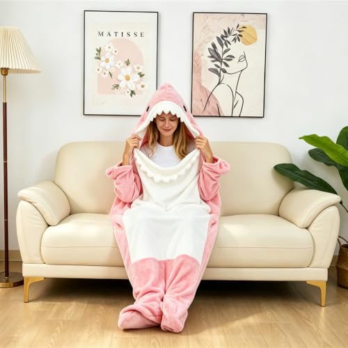 Image of Pink Shark Blanket Shark Sleeping Bag Shark Onesie Cosplay Shark Costume Shark Gifts(Pink Shark,S Fit for Height 4'5 inch-4'9 inch)