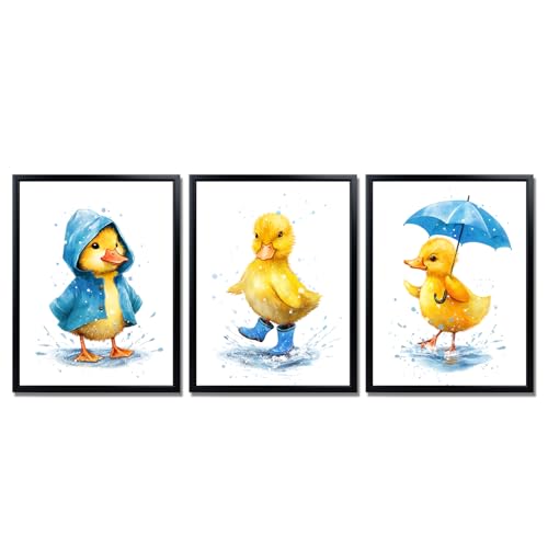 Derkymo 3 Pieces Framed Yellow Duck Canvas Wall Art Abstract Animal Picture Baby Duck Holding An Umbrella Picture Print Funny Animal Rainny Painting Prints 12"x16"x3pcs