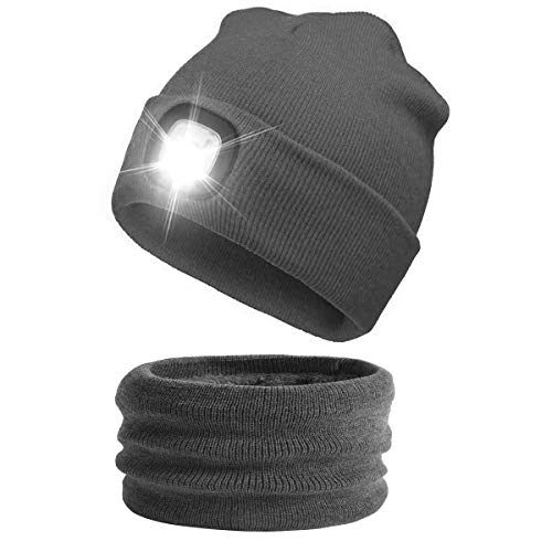 ATNKE Gorra de con luz LED cálida y Brillante Sombrero de Faro Recargable USB Unisex Sombrero y Bufanda Circular Conjuntos de Deportes al Aire Libre Multicolor/Gris Cover