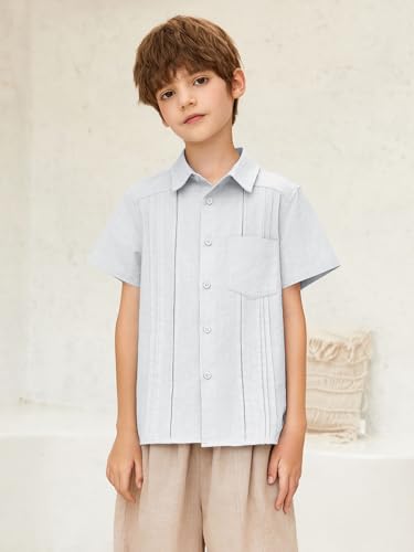 Makkrom Boys Guayabera Short Sleeve Button Down Linen Lapel Casual Camp Beach Shirts2