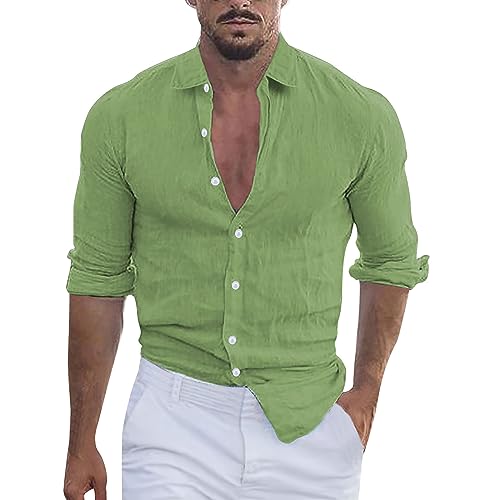 Camisa de Lino Hombre Manga Larga Cuello Mao Verano Playa Casual Transpirable Algodón Suave Fresco Ligero Caballero Slim Fit A189