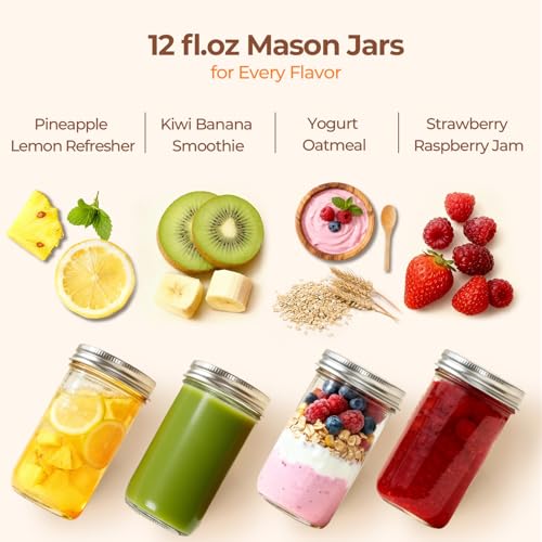 Image of ComSaf 12 oz Mason Jars with Lids 6 Pcs, Regular Mouth Canning Jars with Seal Bands, 12 oz Glass Jar with lid for Soft Drinks, Juice, Jam, Jelly, Sauce, Dessert, Overnight Oats, Pickles