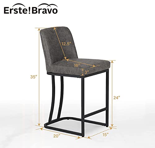 Erste!Bravo Grey Counter Height Bar Stools With Back Set Of 2 For Kitchen Counter 24 Inch Faux Leather Upholstered Barstools Modern Farmhouse Bar Chairs Island Stools Support 330Lbs, Grey+Black #TOP1