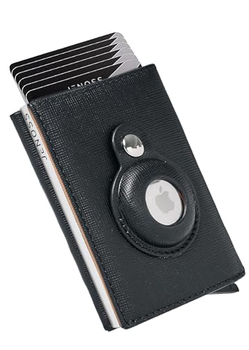 Jenoss Smart AirTag Wallet for Men: Full Grain Leather, Handcrafted, Silver Pop Up Case,Slim, RFID Blocking Credit Card Holder Compact, 12 Slot Organizers ID Cash Apple Air Tag Tracker (Black&Brown)