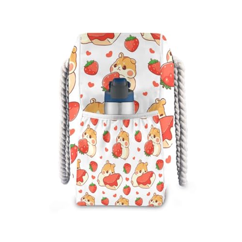 OTVEE Cute Strawberry and Hamster Pattern Beach Bags for Women Ladies Large Canvas Tote Shoulder Bag Waterproof Travel Bags for Gym Swim Pool Camping3