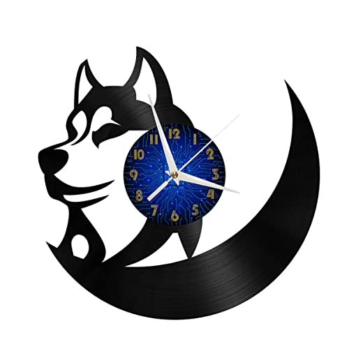 Horloge Vinyle 12 Pouces Silhouette Husky avec Éclairage LED B