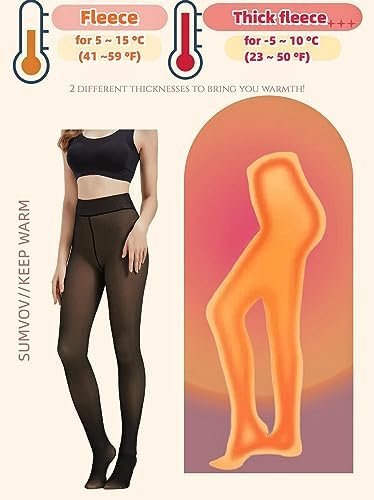 Sumvov Fleece Lined Tights Winter S/M/L, Fake Transparent Skin Fleece Tights Thick Warm, Elastic Leggings for Women (Black-fleece, L)