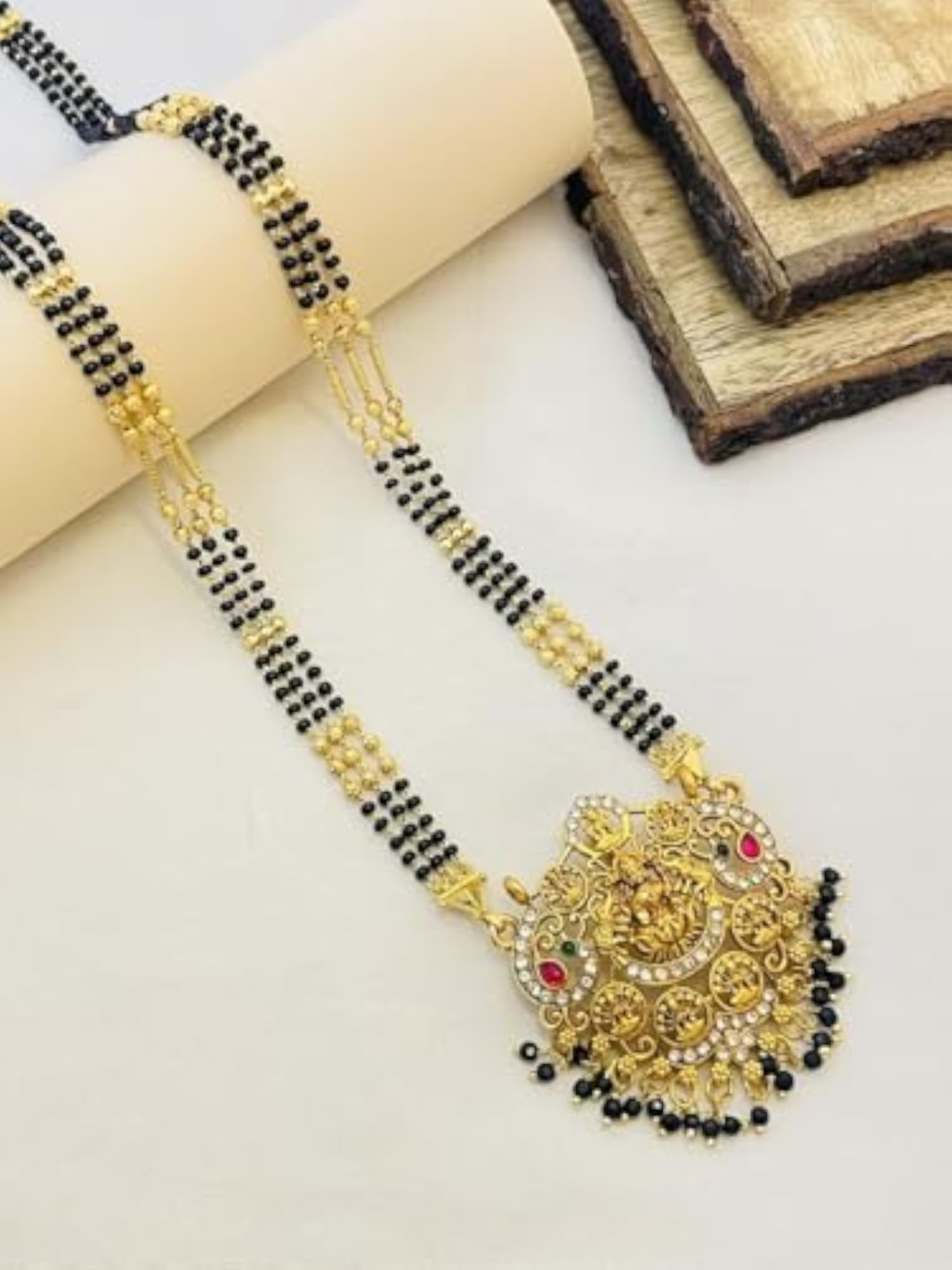 Women's Long Gold Plated Mangalsutra with Black Beads