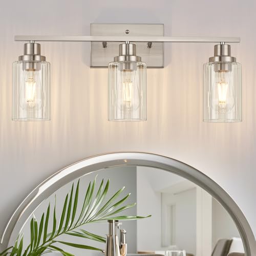 Image of Jonsi 3 Light Brushed Nickel Bathroom Vanity Lights with Fluted Glass Shade, Modern Nickel Bathroom Lights Over Mirror