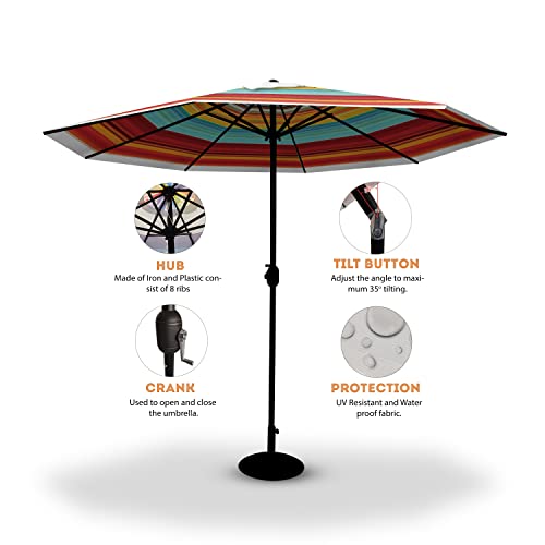Bannerbuzz 8.58Ft Patio Umbrella Outdoor Market Table With Push Button Tilt/Crank & 8 Sturdy Ribs Large Outdoor Octagonal Sun Umbrella For Garden Lawn Deck Backyard Pool (Topper + Hardware, Red Yellow Blue Stripes) #TOP2