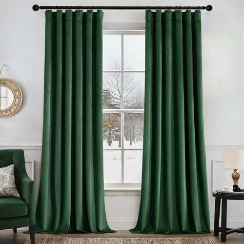Image of MIULEE Velvet Curtains 50W x 84L 2 Panels Hunter Green Blackout Curtains | Luxury velvet fabric, pinch pleat design, back tab hooks, thermal insulated, blackout light blocking, for living room bedroom