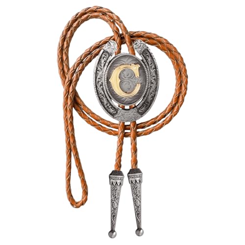 Image of Bolo tie for Men Western Cowboy Brown Leather Necktie Initial Letter ABCDJMR to Z Bolo ties for Women