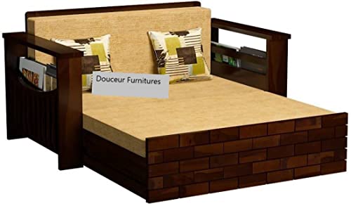 Image of Douceur Furnitures Solid Sheesham Wooden 2 Seater Sofa Cum Bed with Mattress & 2 Cushion and Side Pockets,Wood Foldable Convertible Sofa Diwan Cum Bed for Living Room and Bedroom,Walnut Finish