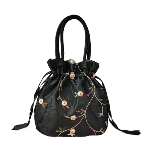 1 Pc Retro Embroidery Silk Drawstrings Handbags Storage Bags Hanfu Women Purse Wallets Jewerly Packing Bag Card Holder (Color : Black, Size : Medium)