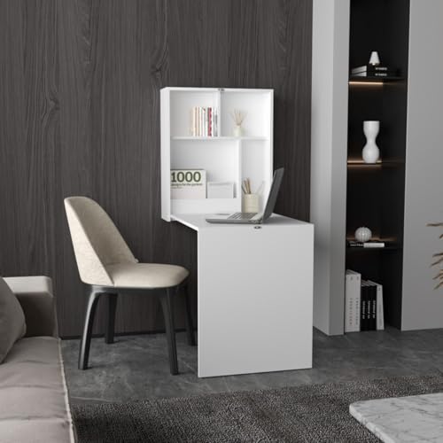 Hassyee Space-Saving Design Wall-Mounted Folding Writing Table with Four Shelves