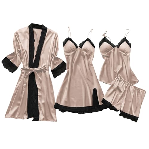 Genérico Pijama Mujer Verano Raso - Pijamas Sexys Pijamas con Tirantes De Cuatro Piezas Ropa para El para Mujer con Pijamas con Almohadilla En El Pecho Camiseta Larga Dormir Mujer