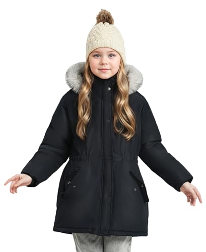 Image of maoo garden Girls Winter Coat Big Kids Heavyweight Fur Hood Snow Ski Parka Water-Resistant Overcoat Black 14Y
