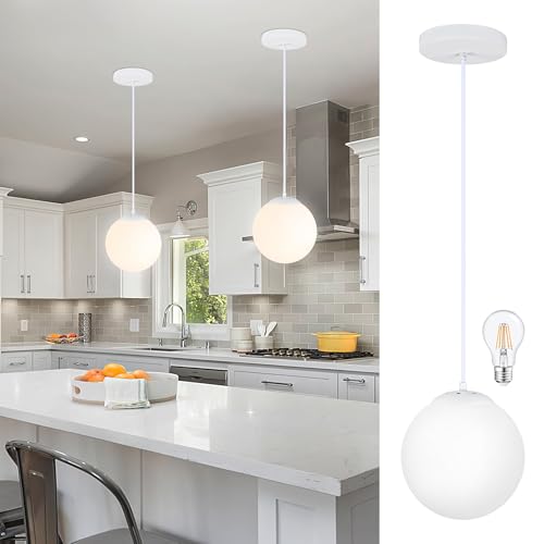 KoKo&Yukina 8 Inch Globe Pendant Light White Globe Pendant Lights Kitchen Island Mid Century Light Fixture with Milky White Glass Shade Adjustable Cluster Lights for Dining Room Living Room