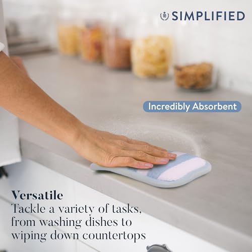 Image of Simplified 5-Pack Scrub & Wipe 2-in-1 Dishwashing Sponges - Non-Abrasive Cleaning Sponges, Double-Sided - Safe for Dishes, Non-Stick Pans or Glassware, Absorbent Dish Sponges, Blue Stripe