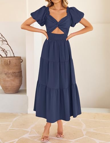 Image of ZESICA Womens Summer Casual Flowy Vacation Maxi Dress 2026 Short Puff Sleeve A Line Smocked Cutout Beach Party Dresses