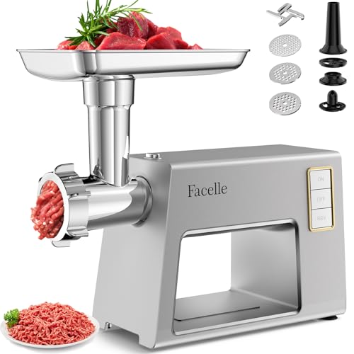 Facelle Hachoir a Viande, 2000W Hachoir Electrique avec 3 grilles en acier inox, Kubbe et tubes de Remplissage de Saucisses, hachoir pour hamburgers, kibbehs...