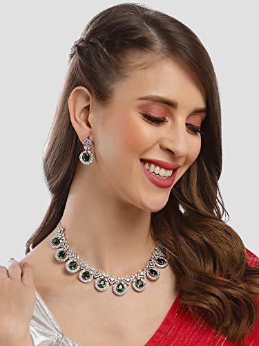 Image of Karatcart Silver Tone Green American Diamond Studded Necklace Set for Women
