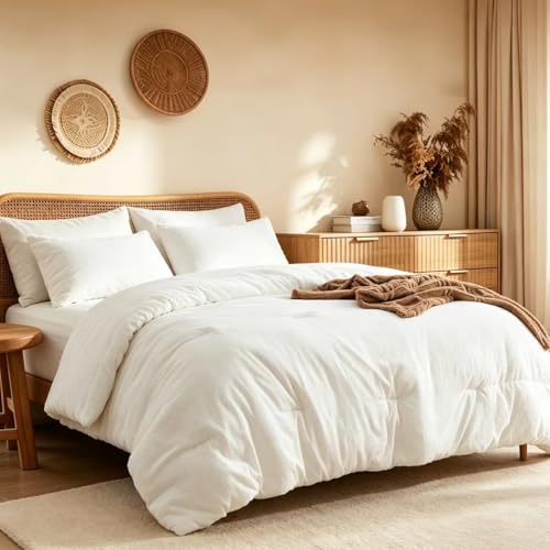 Image of Queen Comforter Set Prewashed Lightweight Quilted Bedding for All Season | 3PCS Cream White Breathable Down Alternative Bedding Set with 1 Solid Comforter (90 inchx90 inch) and 2 Soft Pillowcases