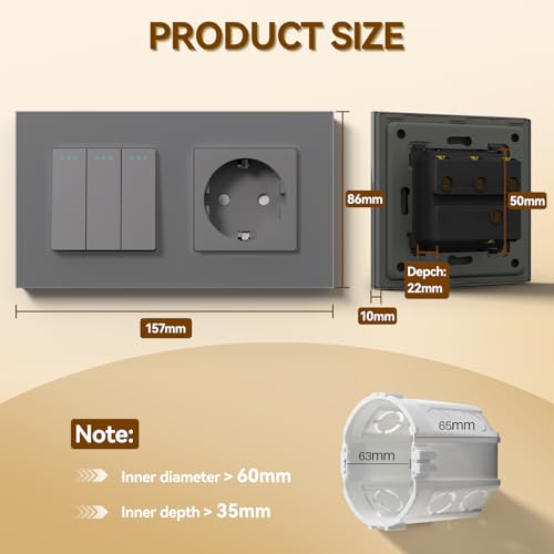 BSEED Druckknopf lichtschalter glas und 16A AC EU Steckdose Glasscheibe 3 Fach 1 Weg Wandschalter Grau