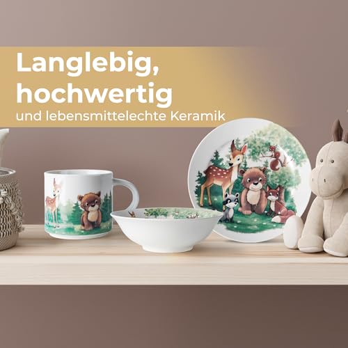 MIAMIO - 3er-Set Kindergeschirr/Porzellan Kinderbesteck, Kindergeschirr-Set aus Porzellan - Inklusive Teller, Schüssel und Tasse - Für Kinder und Kleinkinder (Wald)