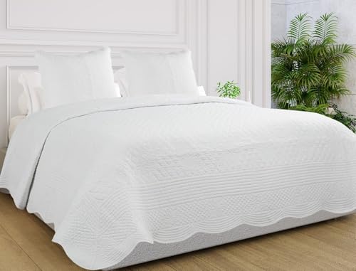 Autrefois Couvre lit Boutis 1 Place 100% Coton 180 * 240 cm avec 1 taie 65 * 65 cm, Piqué Brodé Uni, Couleur Uni Blanc, Bastidon Blanc