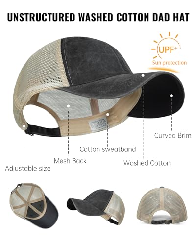 Image of Croogo Men's Adjustable Mesh Back Cap Curved Bill Snapback Mesh Baseball Cap Retro Washed Trucker Cap Breathable Sun Hat