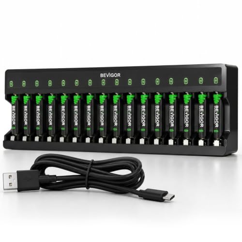 Image of BEVIGOR Rechargeable AAA Batteries with Charger, 16 Pack 1100mAh Low Self Discharge Triple A Batteries with 16 Bay AA AAA Smart Battery Charger for Ni-MH Ni-CD, Independent Slot