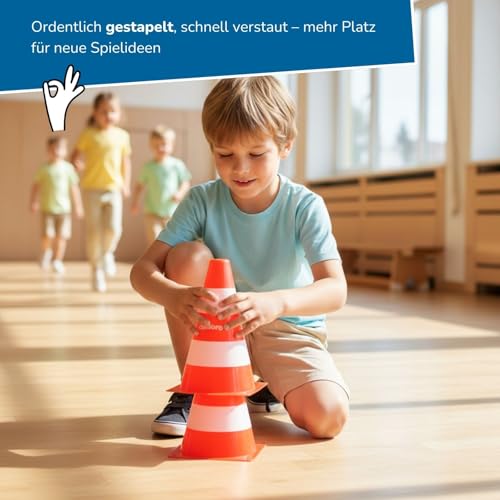 alldoro 60090 Pylonen 4er-Set für Kinder, Verkehrshütchen orange-weiß, 18 cm hoch, stapelbare Leitkegel für Slalom, Sport & Freizeit