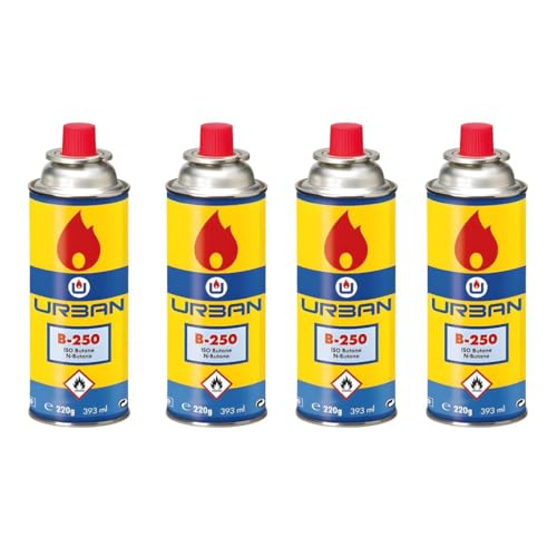 DISPAU Pack de Cartuchos de Gas Butano 220g, 100% Butano Puro, para Hornillos, Quemadores y Cocinas Portátiles, con Válvula de Seguridad (4 BOMBONAS)