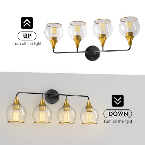 Image of 4-Light Bathroom Light Fixtures, Black Gold Modern Vanity Lights with Clear Glass Shade, Bathroom Wall Lamp for Mirror Living Room Hallway Cabinet Porch, ETL Listed