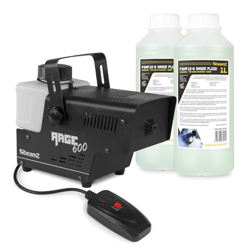 BeamZ Rage 600I Pack Machine à Fumée 600 Watts avec 2L de liquide - Design Unique et Solide, Télécommande Filaire 3m pour Contrôle à Distance, Etrier de Montage, Idéal pour une Soirée de 30 m²