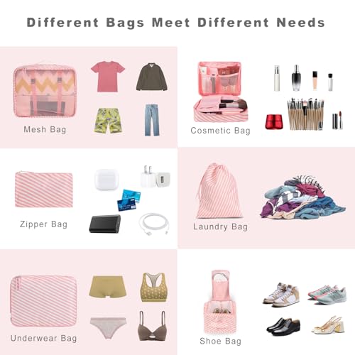 BAGAIL 8 Set Packing Cubes Luggage Packing Organizers for Travel Accessories-White and Pink Stripe